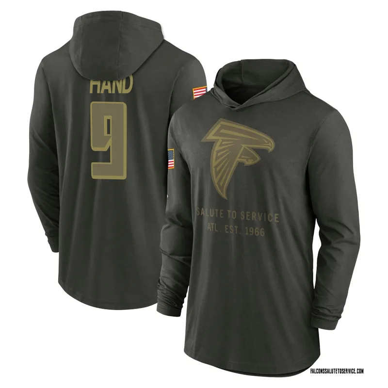 Men's Da'Shawn Hand Atlanta Falcons Green Forest/ 2025 Salute to Service Sideline Lightweight Hooded Pullover Long Sleeve T-Shir
