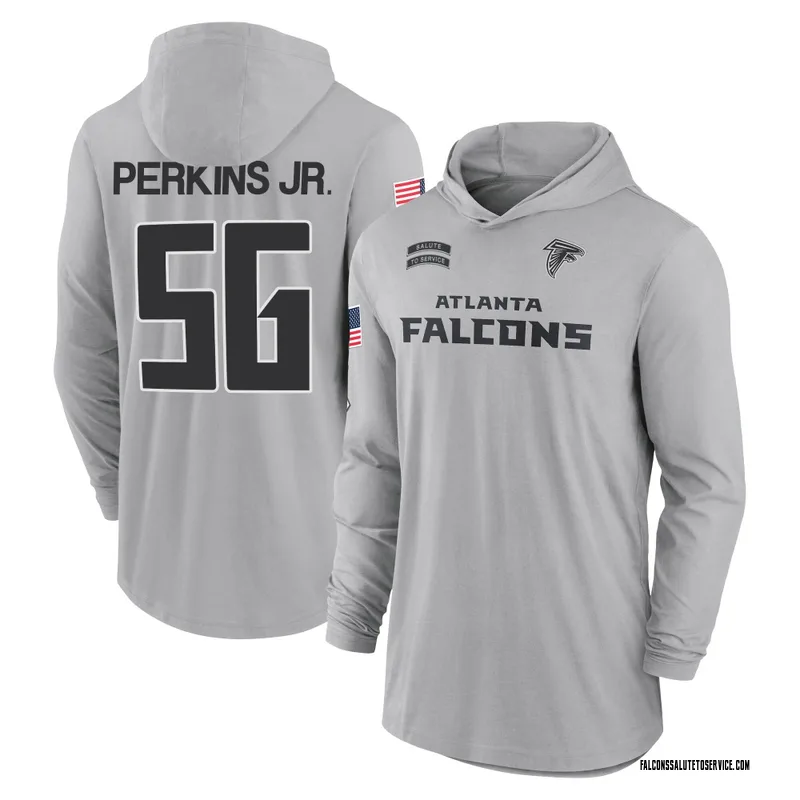 Men's Harold Perkins Jr. Atlanta Falcons Gray 2024 Salute to Service Lightweight Performance Long Sleeve Hooded T-Shirt