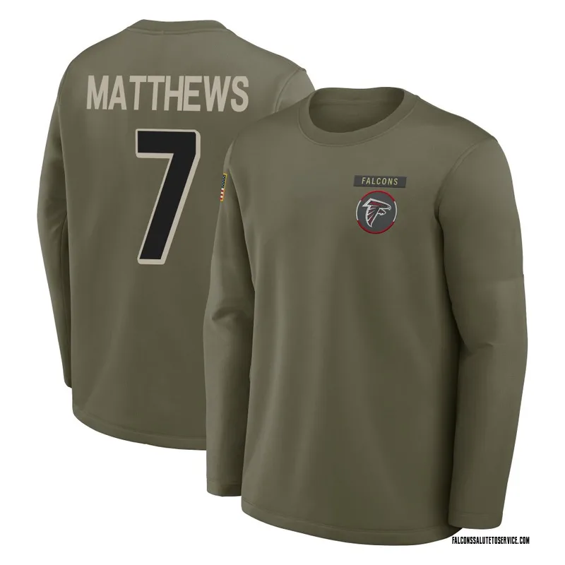 Men's Jake Matthews Atlanta Falcons Olive 2025 Salute to Service Sideline Coaches Long Sleeve T-Shirt