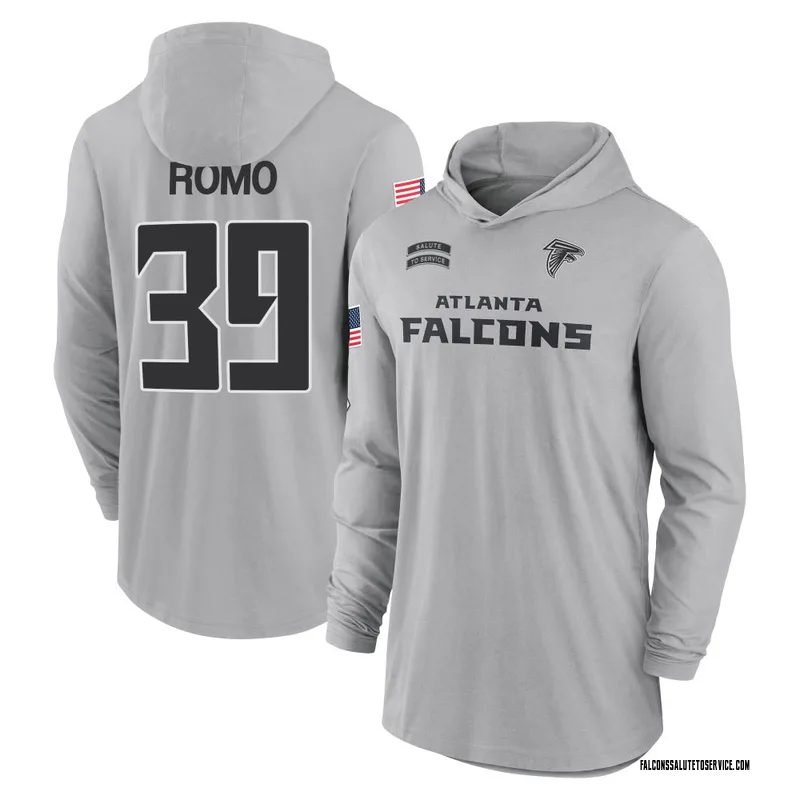 Men's Parker Romo Atlanta Falcons Gray 2024 Salute to Service Lightweight Performance Long Sleeve Hooded T-Shirt
