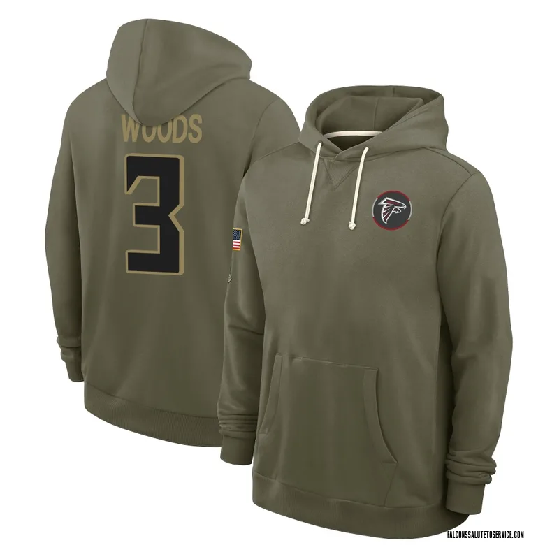 Youth A.J. Woods Atlanta Falcons Olive 2025 Salute to Service Hoodie
