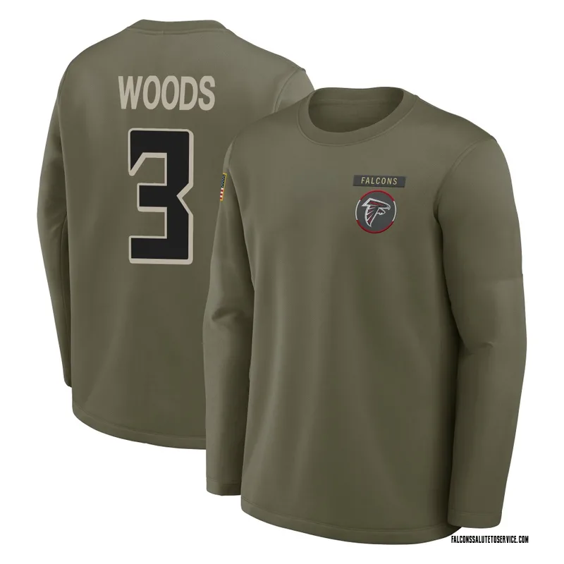 Youth A.J. Woods Atlanta Falcons Olive 2025 Salute to Service Sideline Coaches Long Sleeve T-Shirt