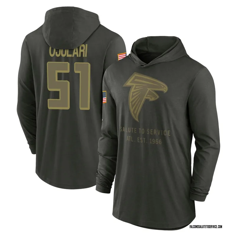 Youth Azeez Ojulari Atlanta Falcons Green Forest/ 2025 Salute to Service Sideline Lightweight Hooded Pullover Long Sleeve T-Shir